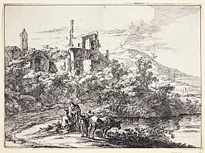 Landskab ved Tivoli, to køer ved flodbredden by Jan Both