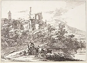 Landskab ved Tivoli, to køer ved flodbredden by Jan Both