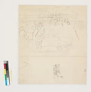 Landskabsskitse; derover to skitser til et studeforspand by Hans Smidth