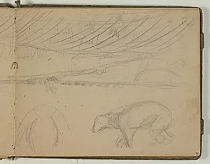 Landskabsskitse, dyreskitser og læst udkast til figurkomposition by Niels Larsen Stevns