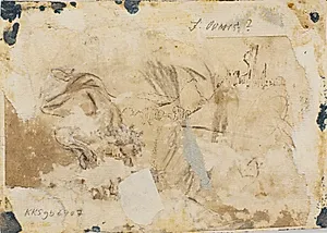 Landskabsskitse; liggende, kappeklædt figur; desuden penneprøver by Jürgen Ovens