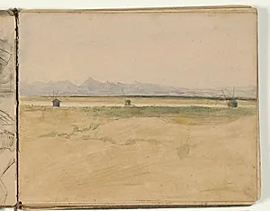 Landskabsskitse med bjerge i horisonten by Niels Larsen Stevns