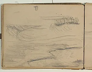 Landskabsskitse (?) samt skitse af fuglehoved by Niels Larsen Stevns