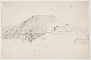 Landsskabsstudie med bjerg og bygninger. Spoleto, Italien by J.L. Lund