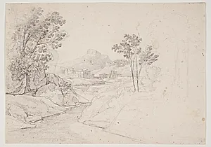 Landsskabsstudie med bygninger ved vandløb. Italien by J.L. Lund