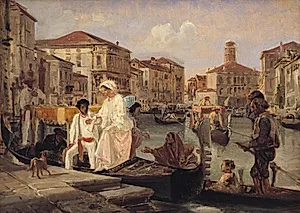 Landstigning i Venedig. En tiggergondol har på Canal Grande fulgt en herskabsgondol by Wilhelm Marstrand