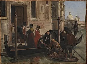 Landstigning ved et palads ved Canal Grande, i baggrunden kirken S. Maria delle Salute by Wilhelm Marstrand