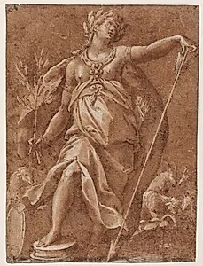 Laurbærkranset kvindefigur med nedadvendt spyd og en laurbærgren. Allegori på friheden vundet ved dyd og mod by Giovanni Mauro della Rovere