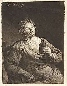 Leende kvinde med en flaske i hånden by Cornelis Dusart