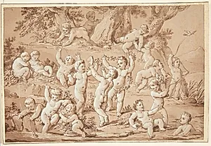 Legende putti ved en søbred by Conrad Martin Metz