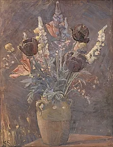 Lervase med tulipaner og andre blomster