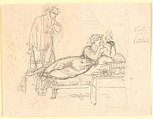 Lesbia og Catullus. Lesbia ligger, holdende en fugl på venstre hånd. Catullus står bagved by Nicolai Abildgaard