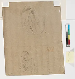 Let skitseret studie af kvinde, der rører i et kar (?) samt draperistudie by Heinrich Dittmers