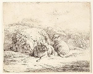 Liggende får med to lam by Jan van der Meer (II)