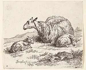 Liggende får med to lam by Nicolaes Berchem