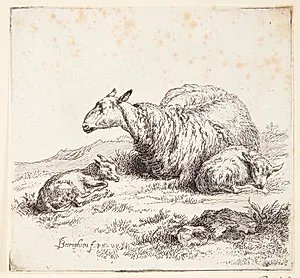 Liggende får med to lam by Nicolaes Berchem
