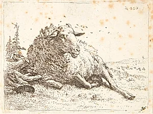 Liggende får ved en træstub by Karel Du Jardin
