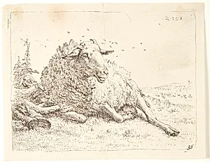 Liggende får ved en træstub by Karel Du Jardin