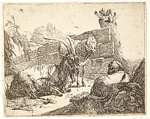 Liggende ged og to får ved et raftehegn by Johann Heinrich Roos