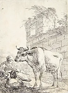 Liggende hyrde og stående ko by Johann Heinrich Roos