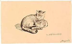 Liggende kat med sin killing. by P.C. Skovgaard