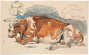 Liggende ko. Foroven til venstre en siddende bondepige, t.h. en kat drikkende af en mælkebøtte by Johan Thomas Lundbye