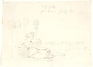 Liggende kvinde i klassisk dragt med et hjul. I baggrunden en fæstninglignende bygning by Gerhard Ludvig Lahde