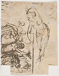 Liggende kvindelig figur, herunder drikkende personer by Kristian Zahrtmann