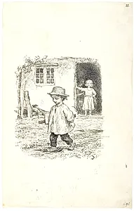 Lille dreng på vej i skole. Lille pige i en dør by Lorenz Frølich