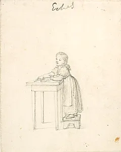 Lille pige stående på en skammel ved et bord by C.W. Eckersberg