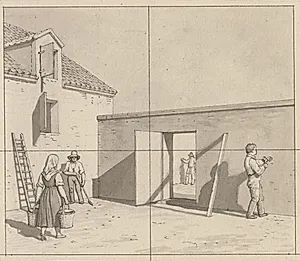 Linearperspectiven, anvendt paa malerkunsten - udkast til ikke anvendt illustration - Dansk gårdsplads med fire bønder og håndværkere. by C.W. Eckersberg