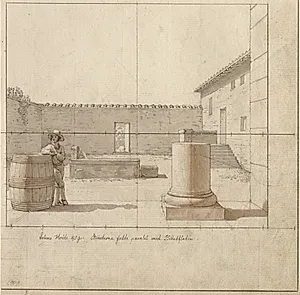 Linearperspektiven, anvendt paa Malerkunsten - Udkast til ikke anvendt illustration - Sydlandsk gårdsplads med bonde, vintøn-de, og søjlefragment. by C.W. Eckersberg