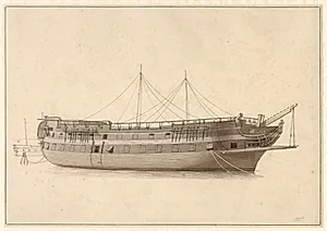 Linieskibet Danmark i flådens leje forinden mastens isættelse. by C.W. Eckersberg