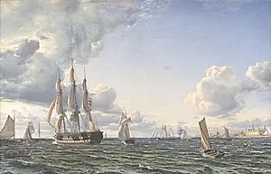 Linieskibet "Valdemar" krydser Sundet ind for en frisk bramsejlskuling by Emanuel Larsen