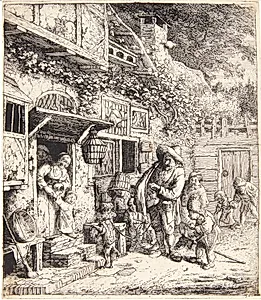 Lirekassemand med en dansende hund by Cornelis Dusart