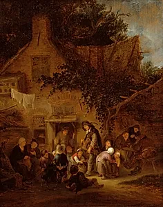 Lirendrejeren uden for et bondehus by Adriaen van Ostade