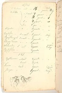 Liste over vinduer (?) i en bygning, nederst profil af gammel mand by Martinus Rørbye
