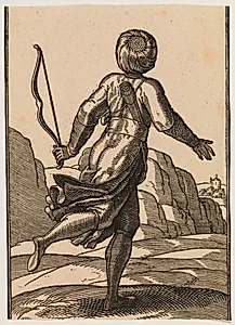 Løbende budbringer, set bagfra, i klippelandskab; i v. hånd en bue, et bundt pile er stukket ned i bæltet, i en snor over skulderen et futteral by Melchior Lorck
