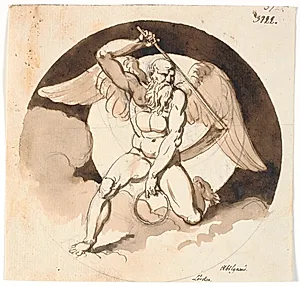 Lørdag. Tidens eller dødens vingede mandsfigur, med en le i den ene hånd, i den anden en sluttet ring by Nicolai Abildgaard