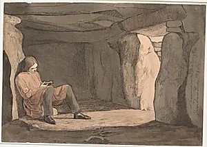 Lorents Frölich siddende i en jættestue by Johan Thomas Lundbye
