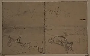 Løse skitser af en mand der sidder og tre hunde. by Niels Larsen Stevns