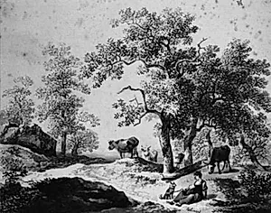 Løsgående køer i udkanten af en skov. by Johann Christian Klengel