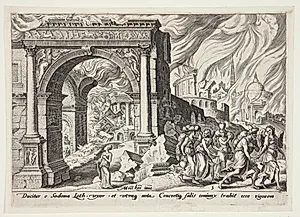 Lot og hans familie forlader det brændende Sodoma by Philips Galle