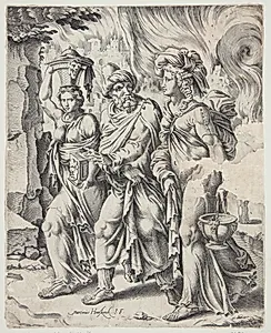 Lot og hans familie forlader det brændende Sodoma by Cornelis Bos