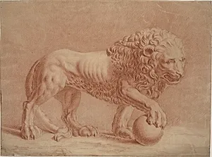 Løve, vendt mod højre, med højre forpote på en kugle by Isaac Taylor
