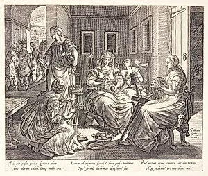 Lucretia spinder med sine hofdamer by Hendrick Goltzius