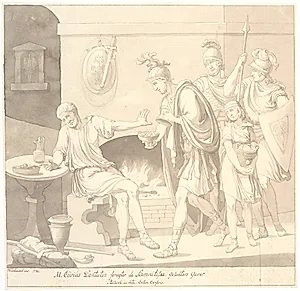 "M. Curius Dantatus foragter de Samnitiske Gesanters Gaver./ Plutach: in vita. Caton Censoris."