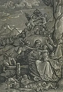 Madonna med barnet og engle i et landskab by Hans Baldung Grien