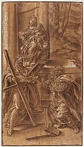 Madonna med barnet samt apostlen Andreas (t.v.) og den hellige Judas (t.h.)
