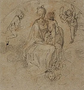 Madonna med Jesusbarnet i skyerne, flankeret af to putti by Antonio Cimatori